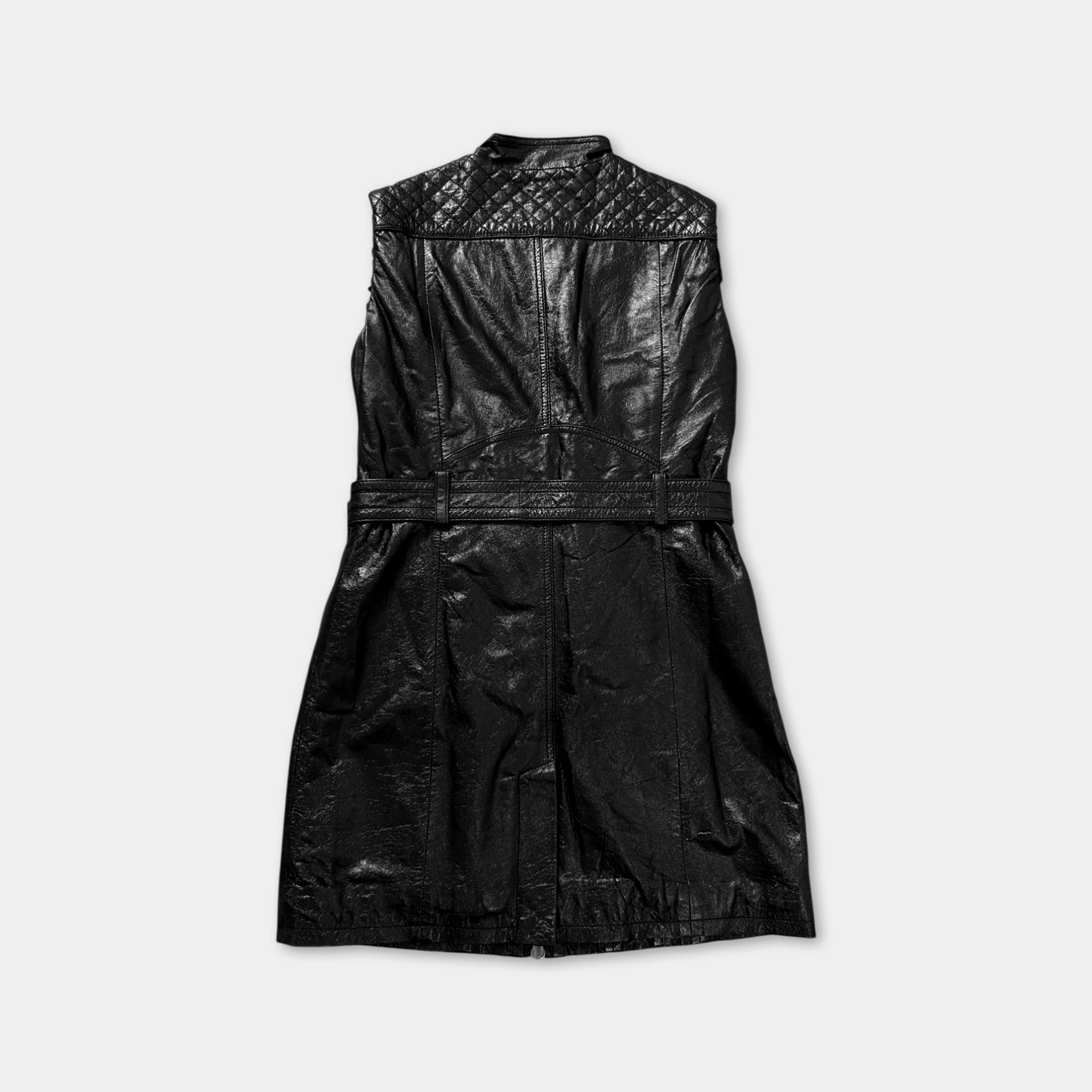 A black leather dress with a quilted pattern on the back.