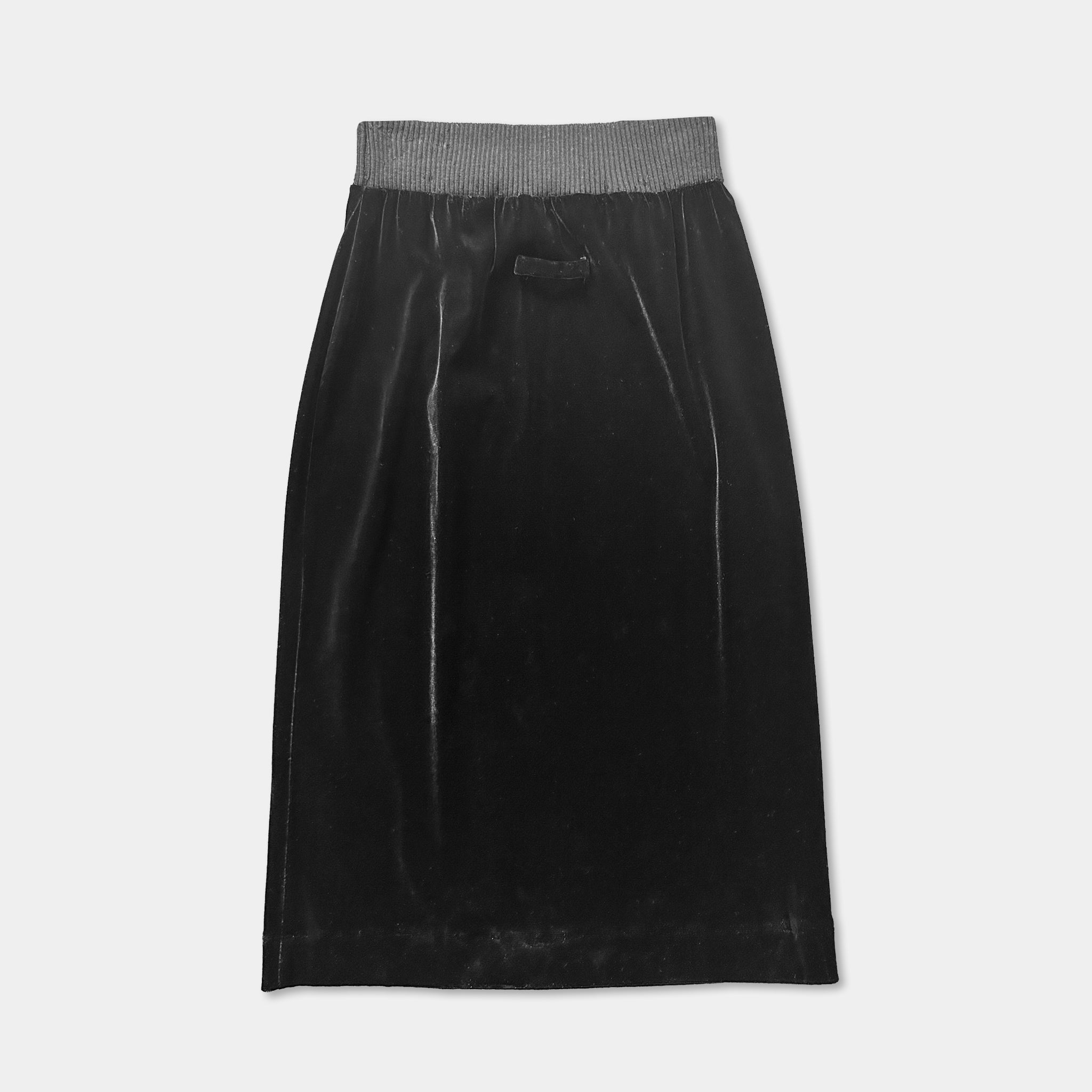 A black velvet skirt with a gray waistband.