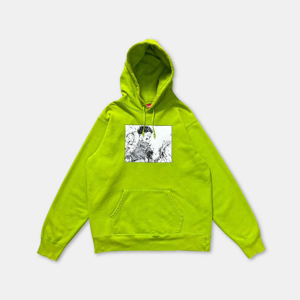 A bright lime green hoodie with a graphic design on the front.