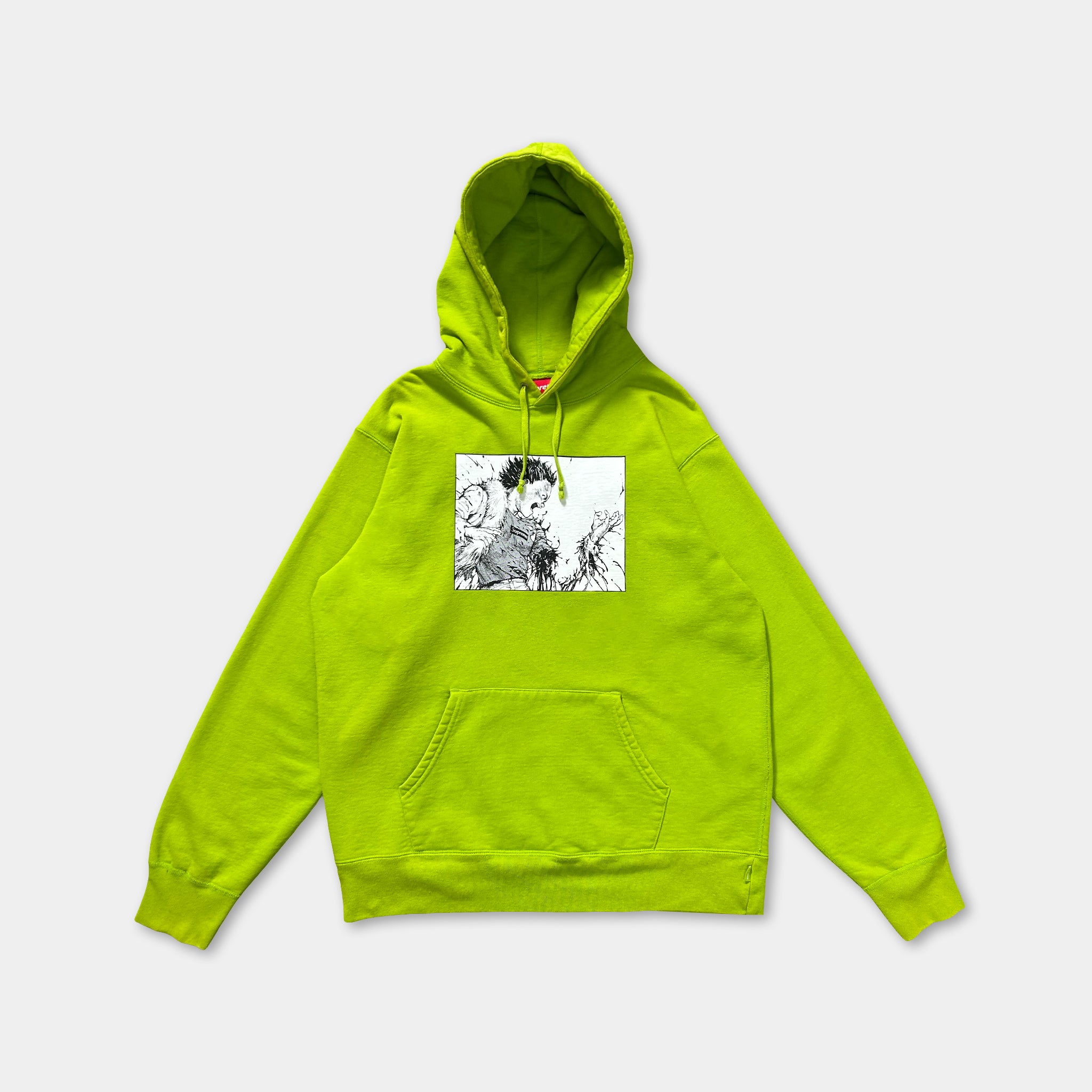 A bright lime green hoodie with a graphic design on the front.
