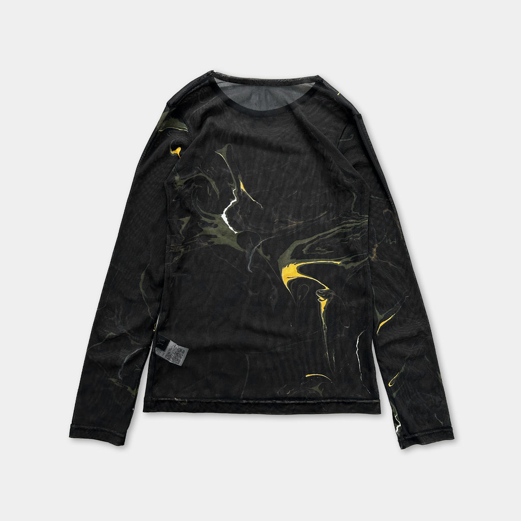 a black long-sleeved shirt with a marbled pattern on the front.