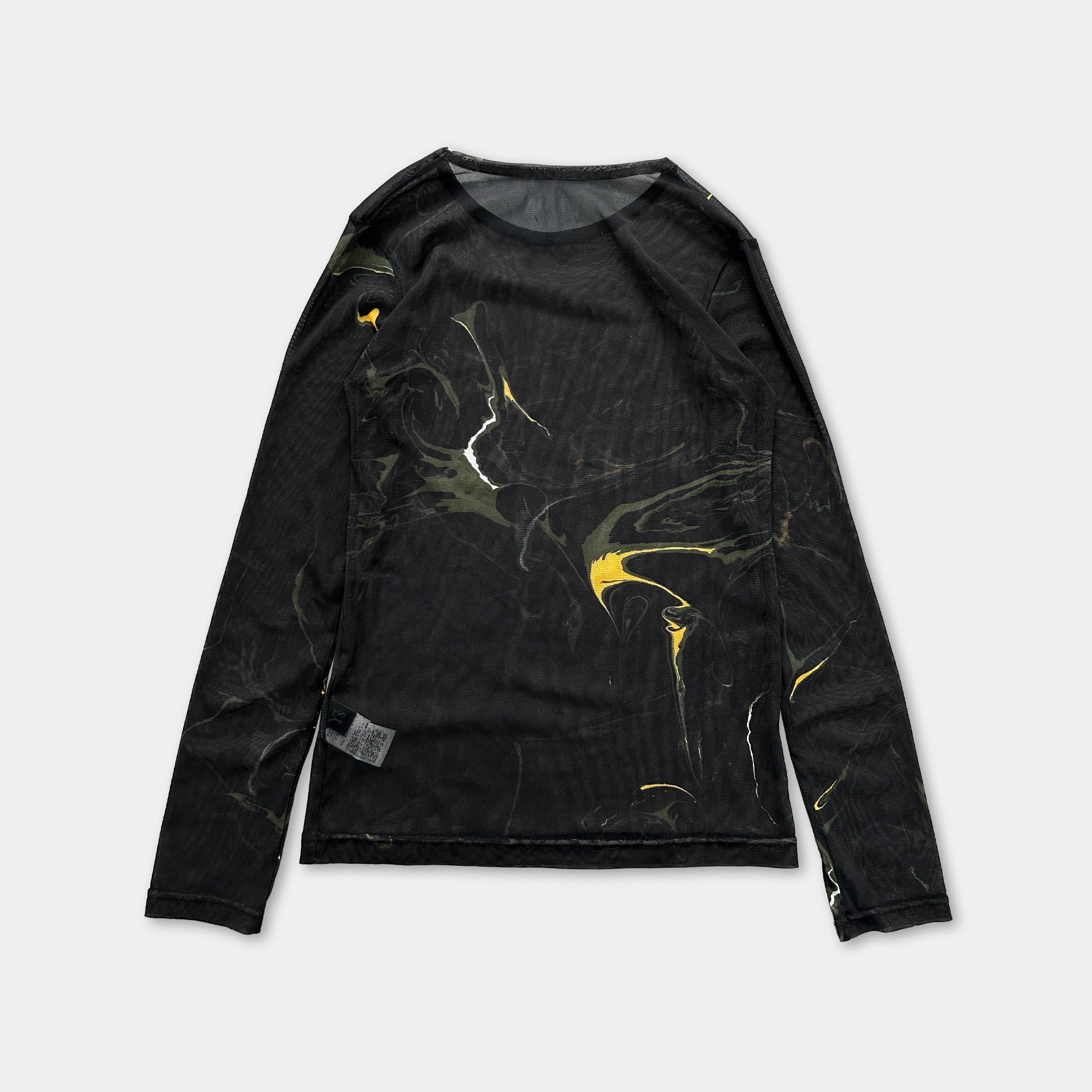 a black long-sleeved shirt with a marbled pattern on the front.