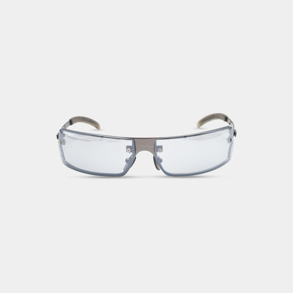 A pair of clear, rectangular sunglasses with a sleek, modern design.