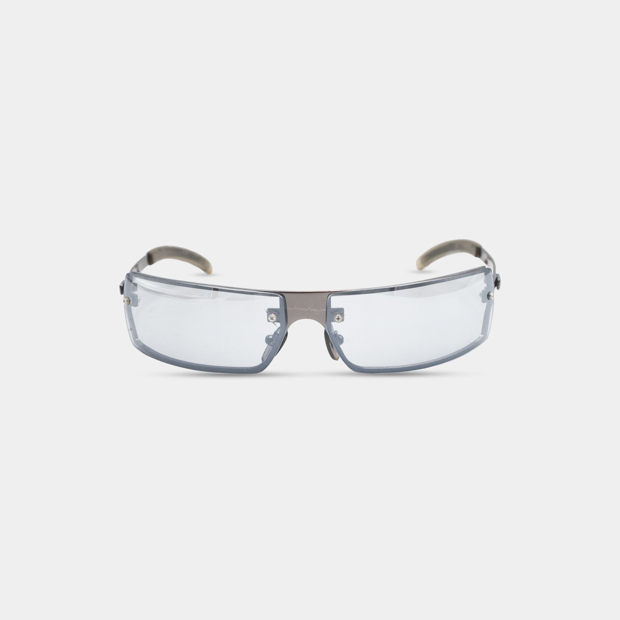 A pair of clear, rectangular sunglasses with a sleek, modern design.