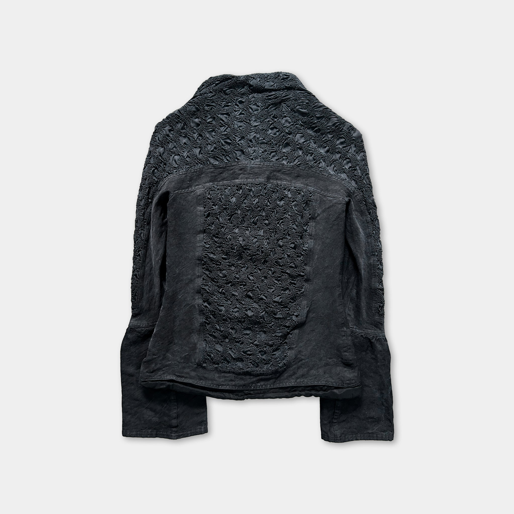 a black jacket with a textured pattern on the back.