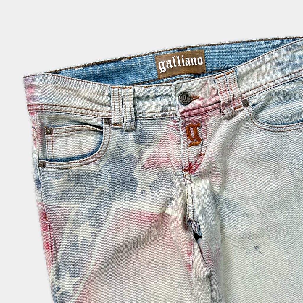 A pair of colorful jeans with a star pattern design.