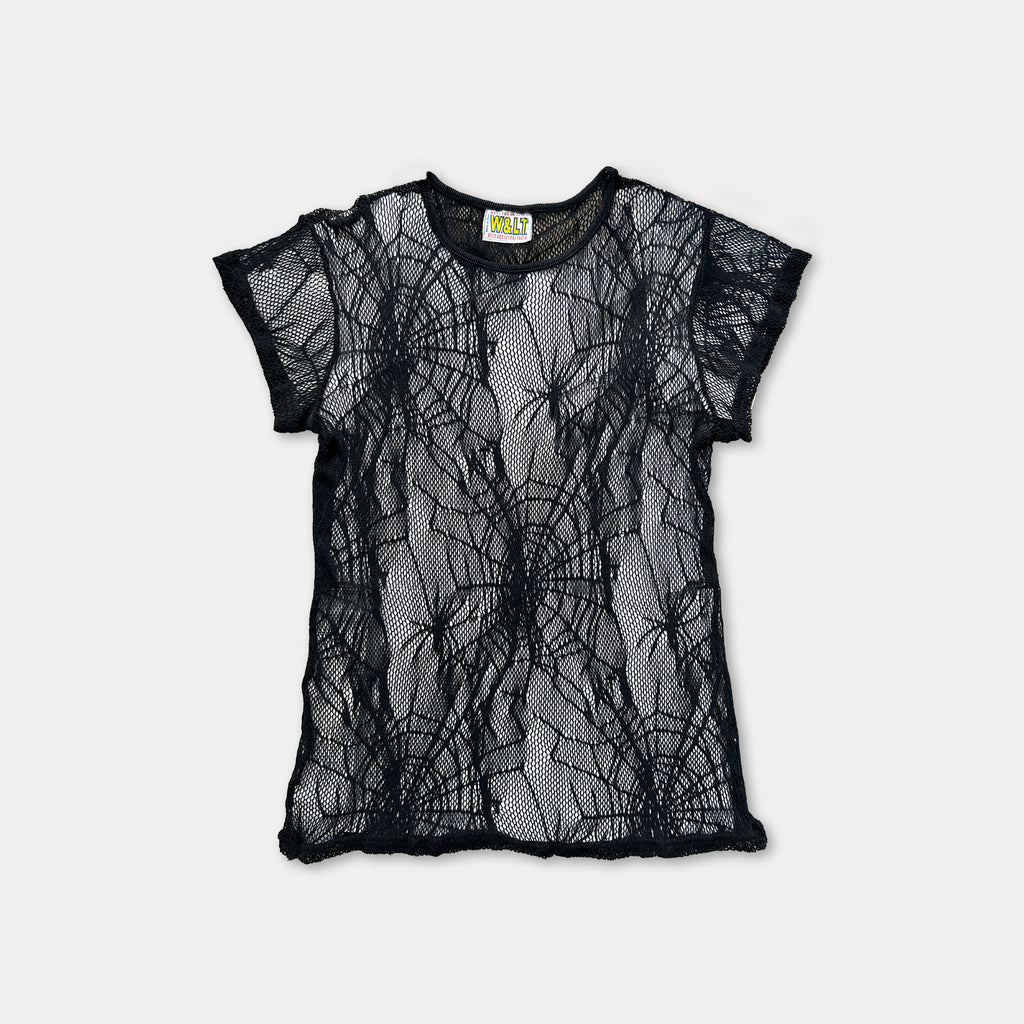 a black mesh t-shirt with a spider web pattern.
