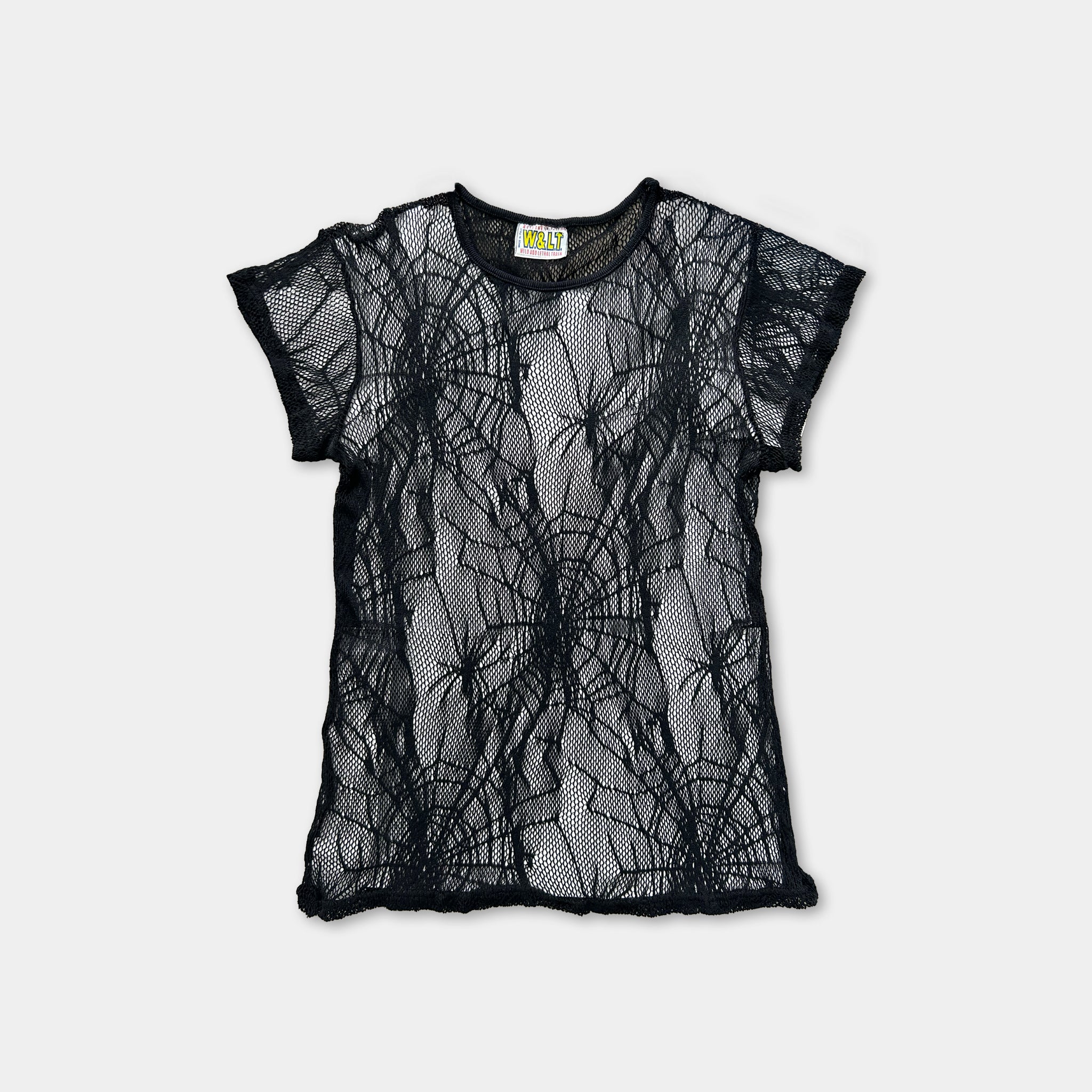 a black mesh t-shirt with a spider web pattern.