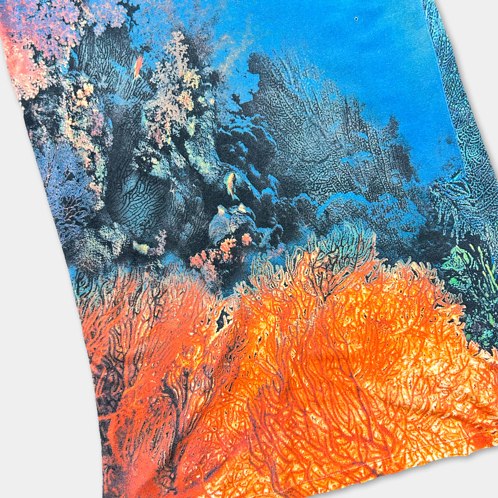 The image is a vibrant and colorful print depicting a coral reef scene with a mix of orange, red, and blue hues.