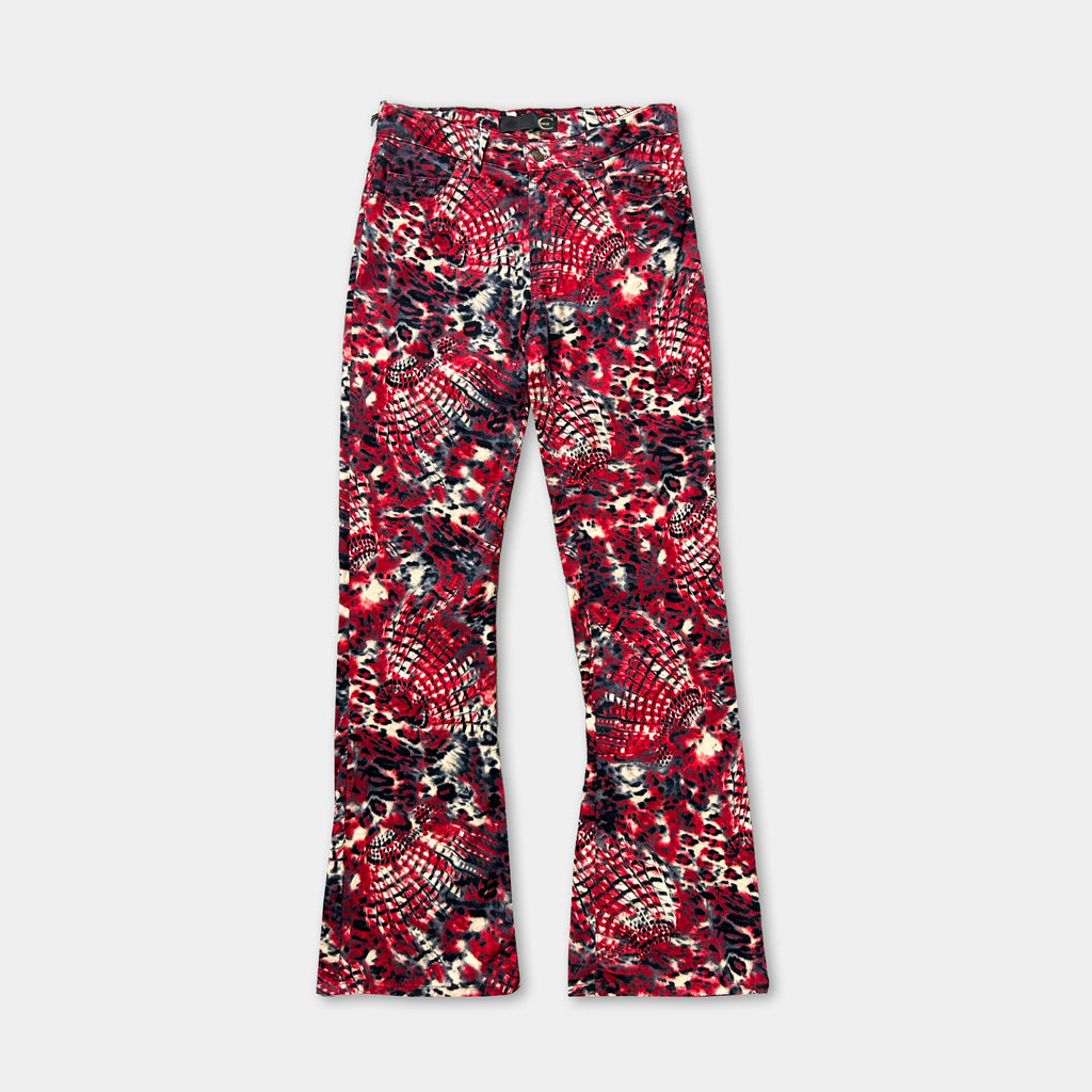 A pair of red and black patterned pants with a tie-dye design.