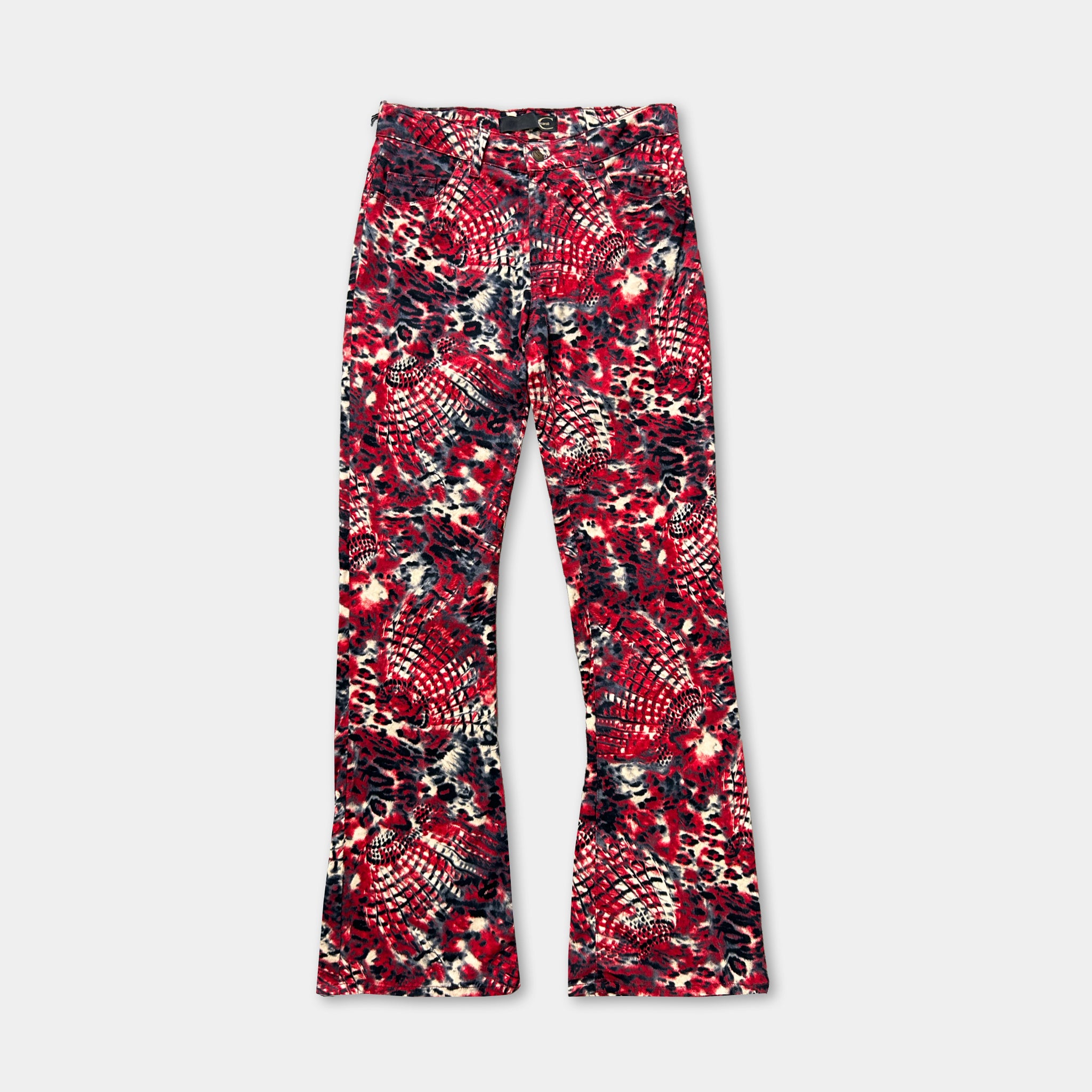 A pair of red and black patterned pants with a tie-dye design.