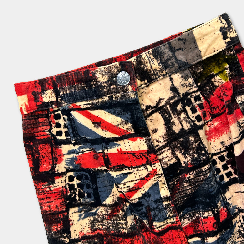 a pair of colorful, patterned pants with a distinctive design featuring a flag-like motif.