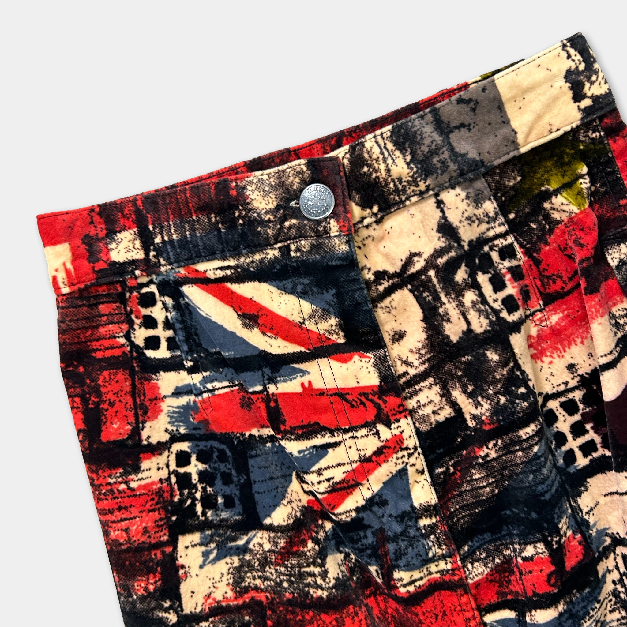a pair of colorful, patterned pants with a distinctive design featuring a flag-like motif.