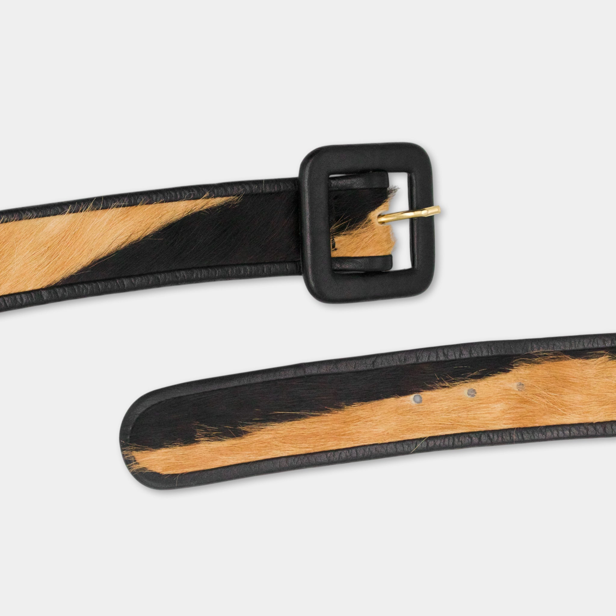 A black and tan leather belt with a square buckle is shown against a white background.