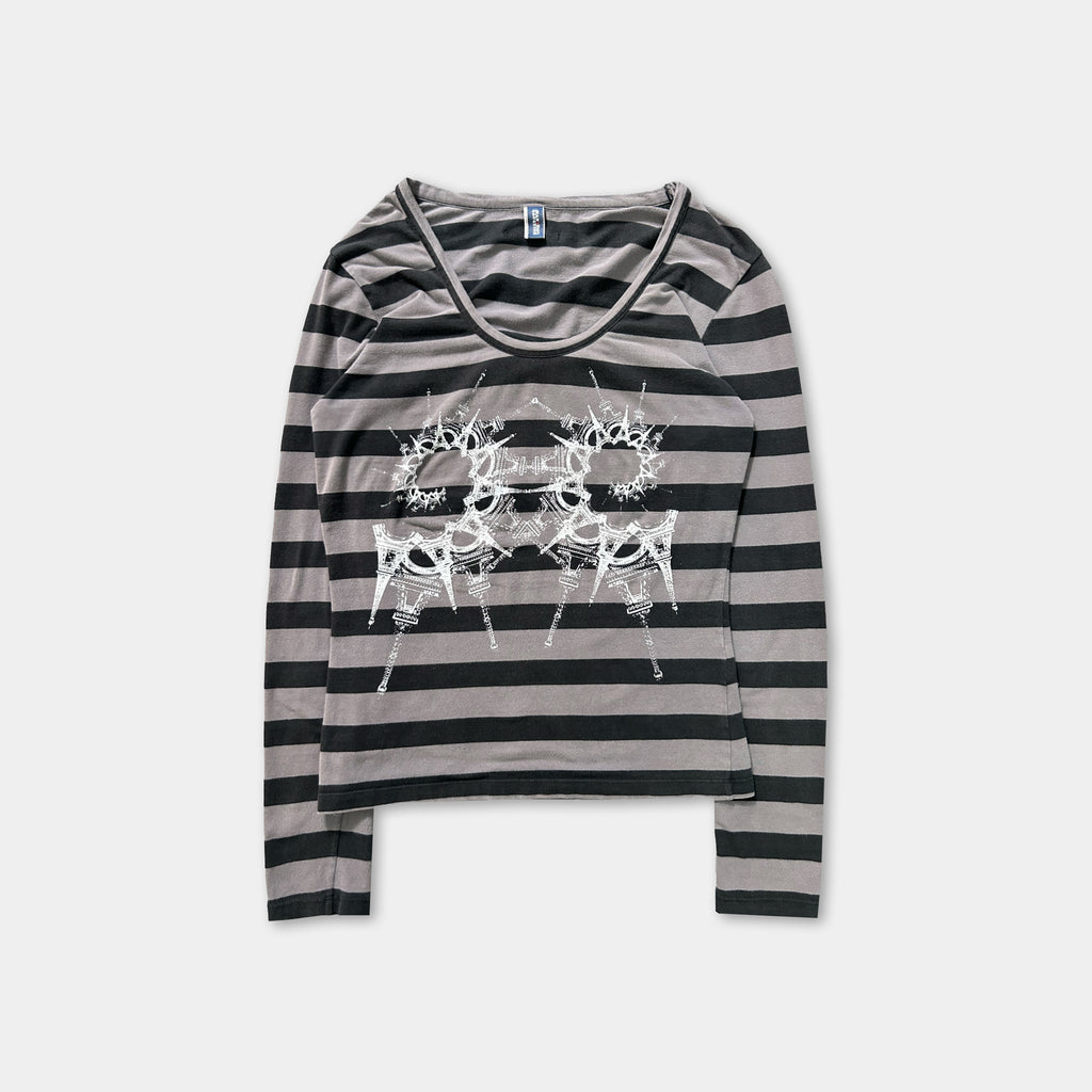 a gray and black striped long-sleeved shirt with a graphic design on the front.