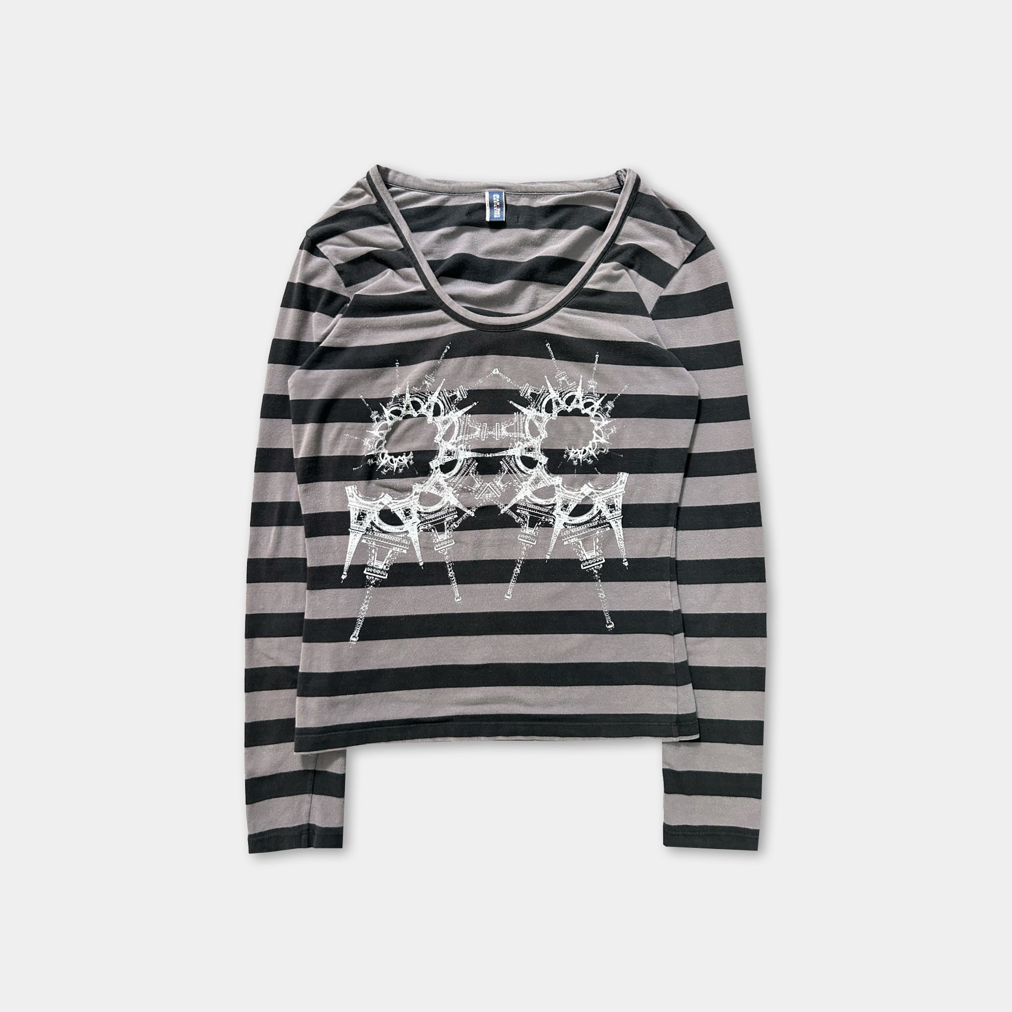 a gray and black striped long-sleeved shirt with a graphic design on the front.