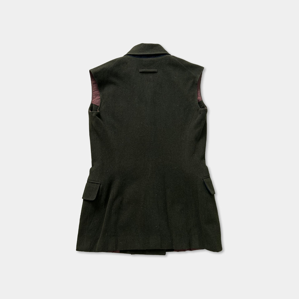 a dark green sleeveless coat with a collar and two pockets.