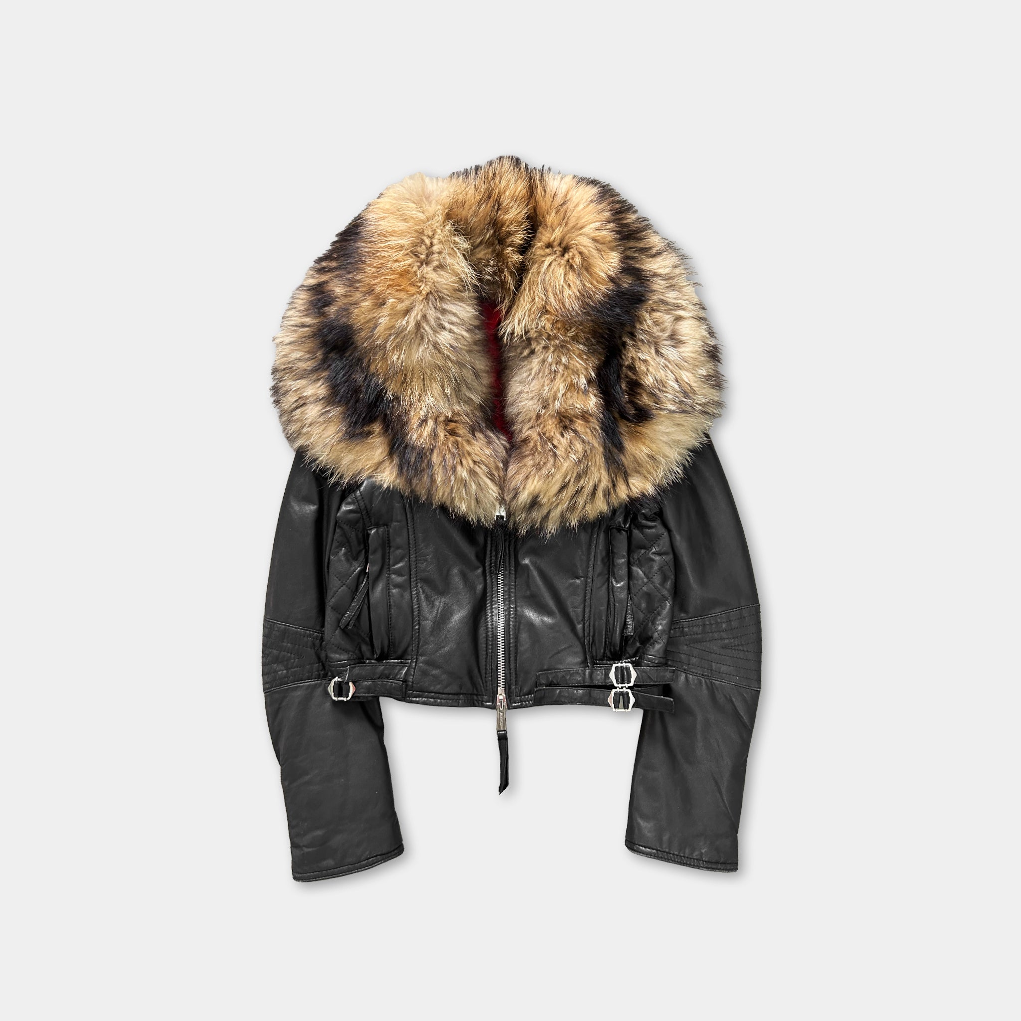 A black leather jacket with a fur collar.