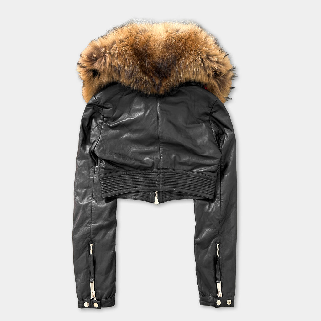 A black leather jacket with a fur collar and zipper.