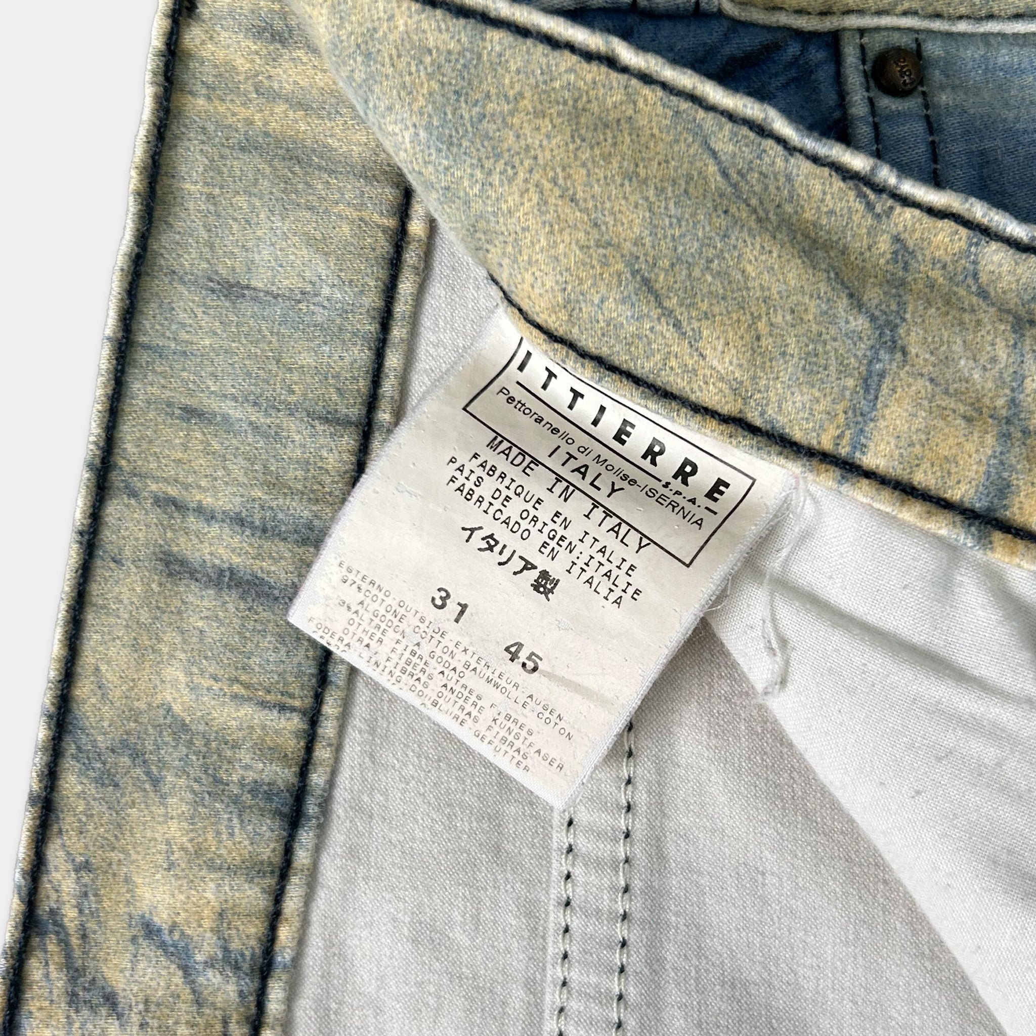a close-up view of a label on a pair of jeans, with the label indicating the brand and size of the jeans.