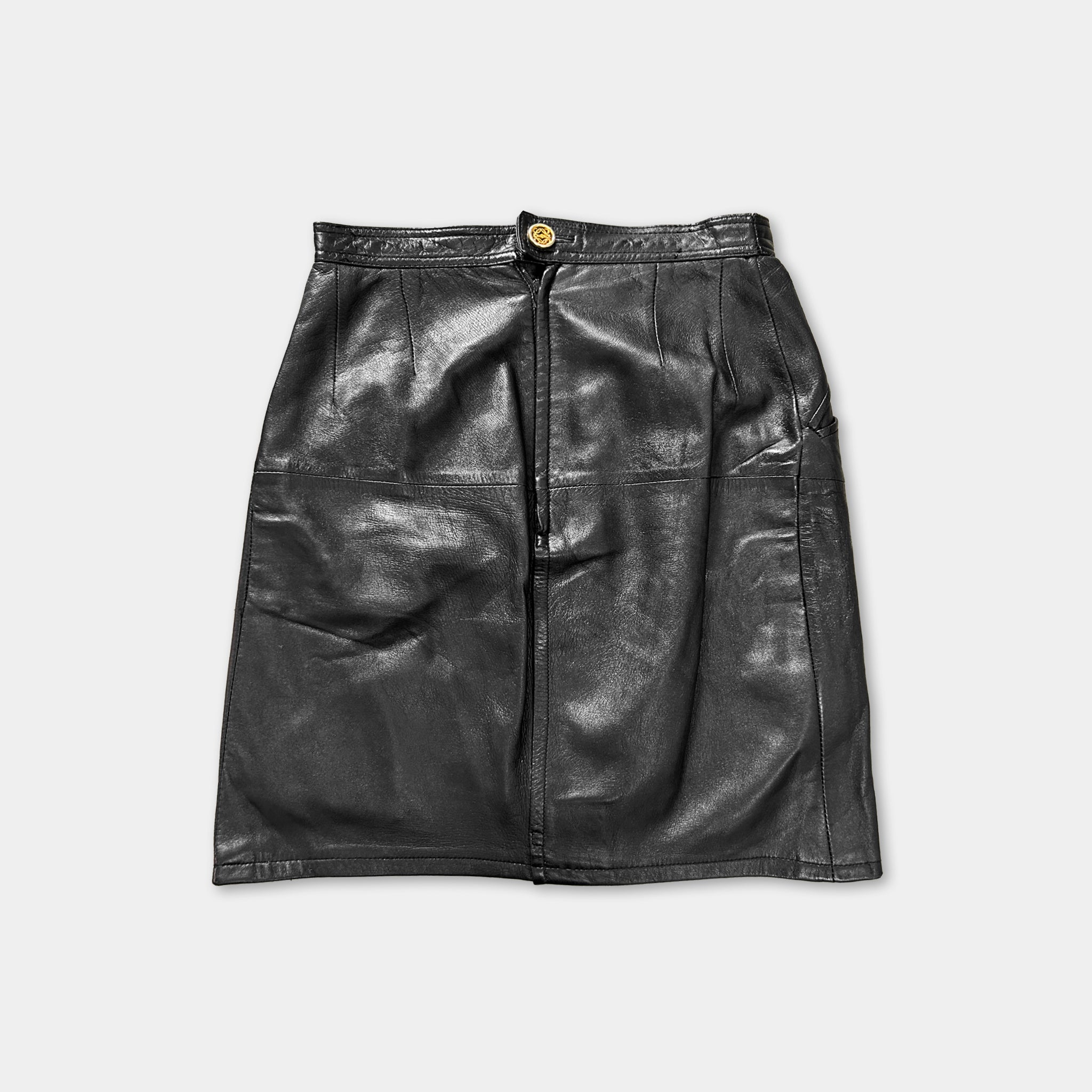 A black leather skirt with a button waistband.