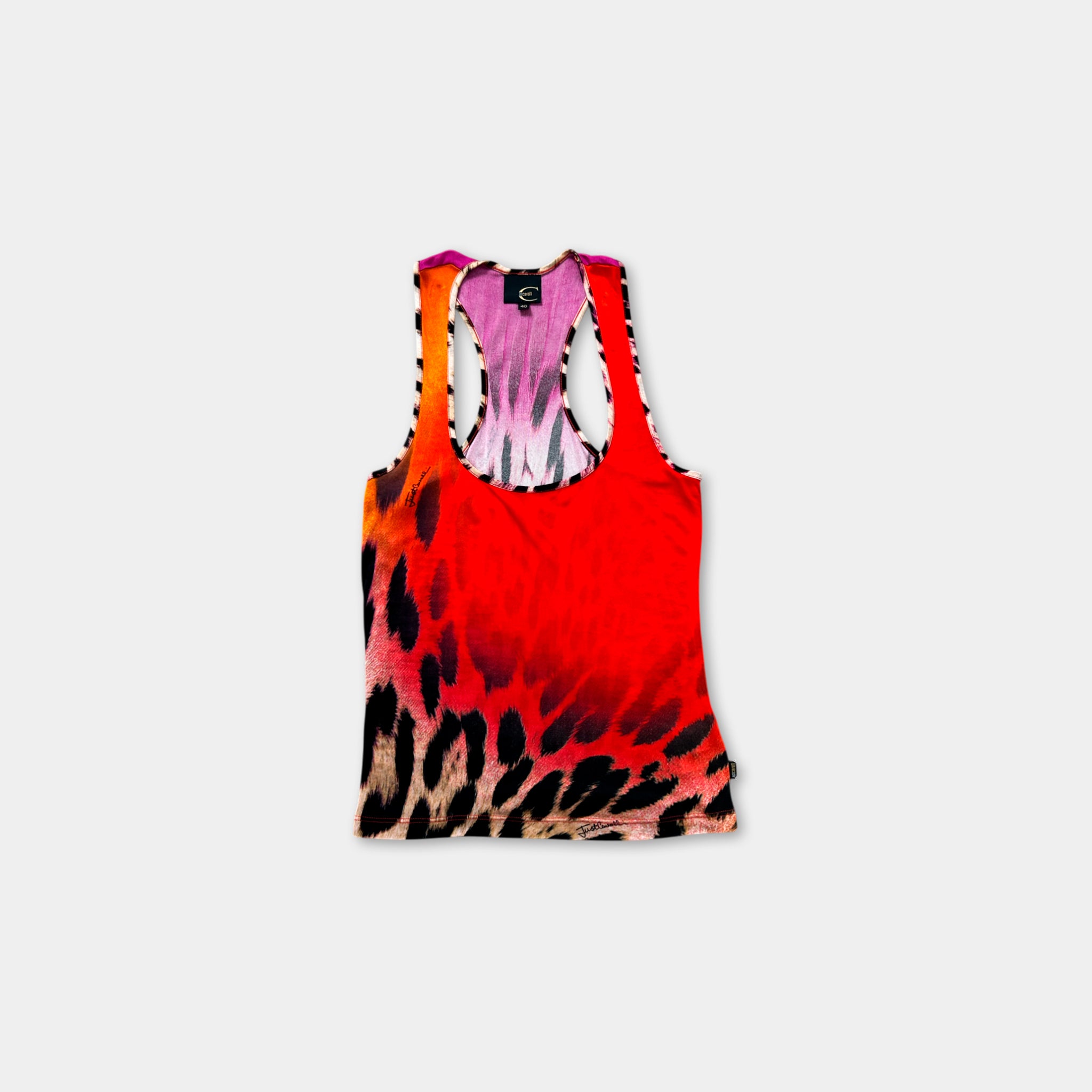 A colorful tank top with a leopard print pattern.