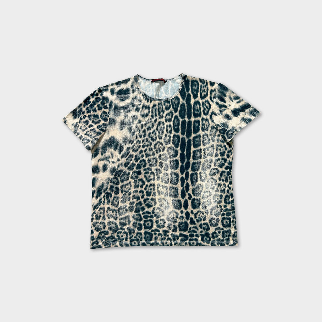 a black and white leopard print t-shirt against a plain white background.