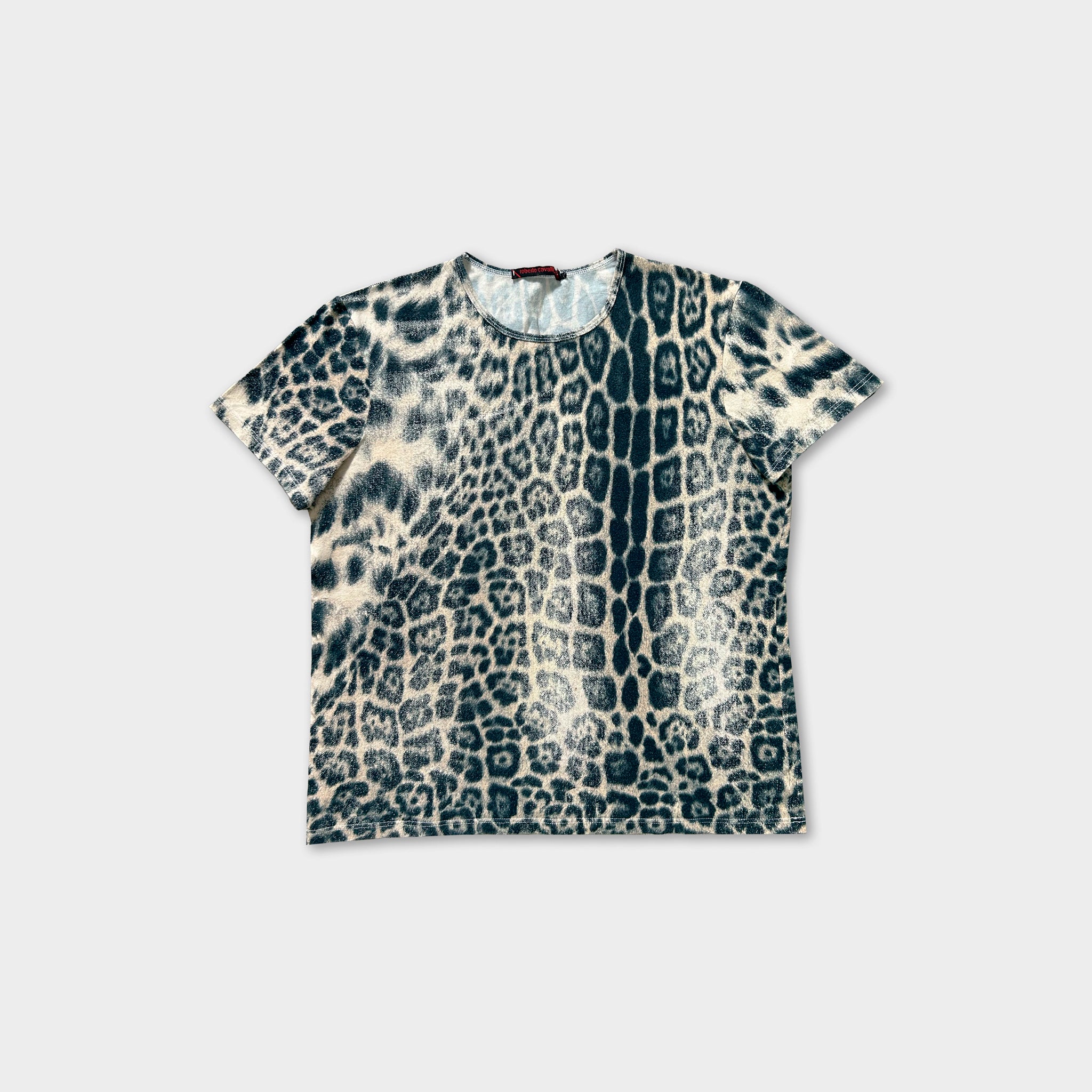 a black and white leopard print t-shirt against a plain white background.