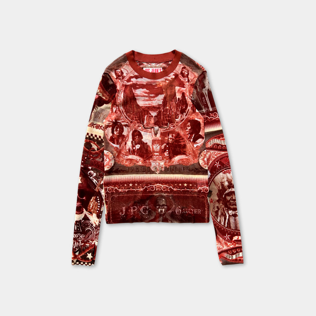 a long-sleeved shirt with a red and black color scheme, adorned with various images and text.