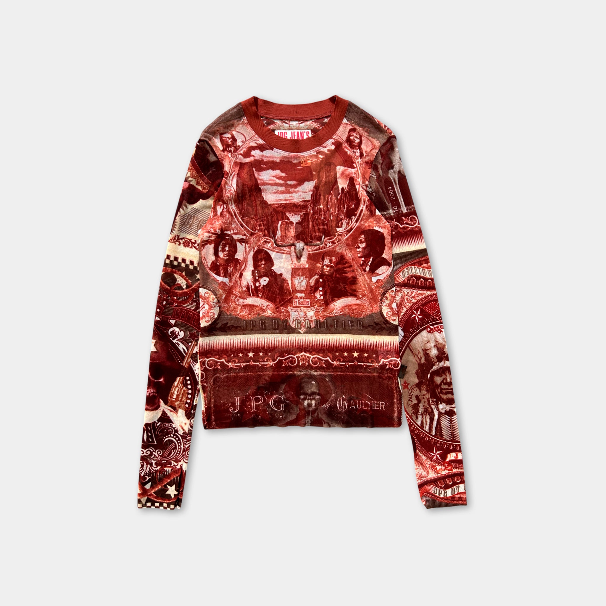 a long-sleeved shirt with a red and black color scheme, adorned with various images and text.