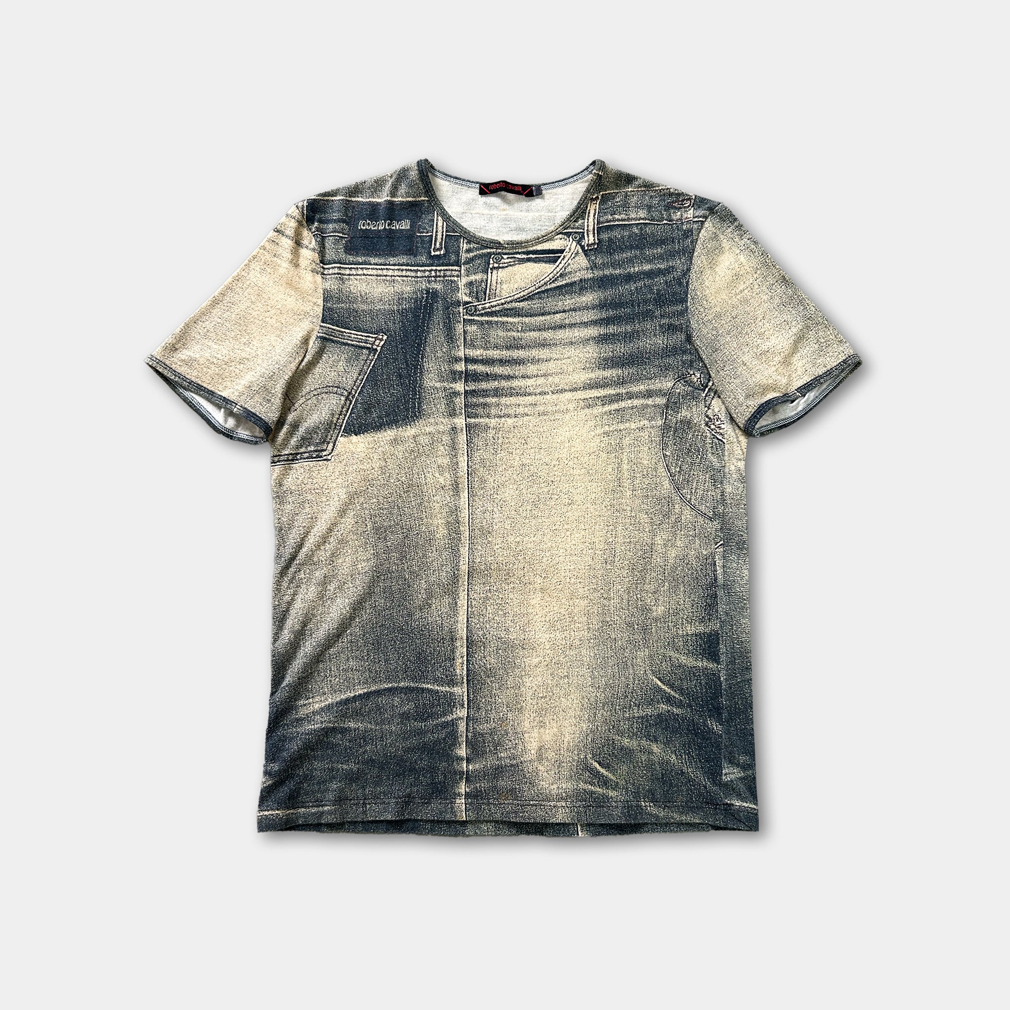 a t-shirt with a printed design of a pair of jeans, which appears to be a collage of multiple images.