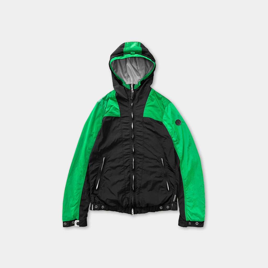 A black and green jacket with a hood, displayed against a white background.