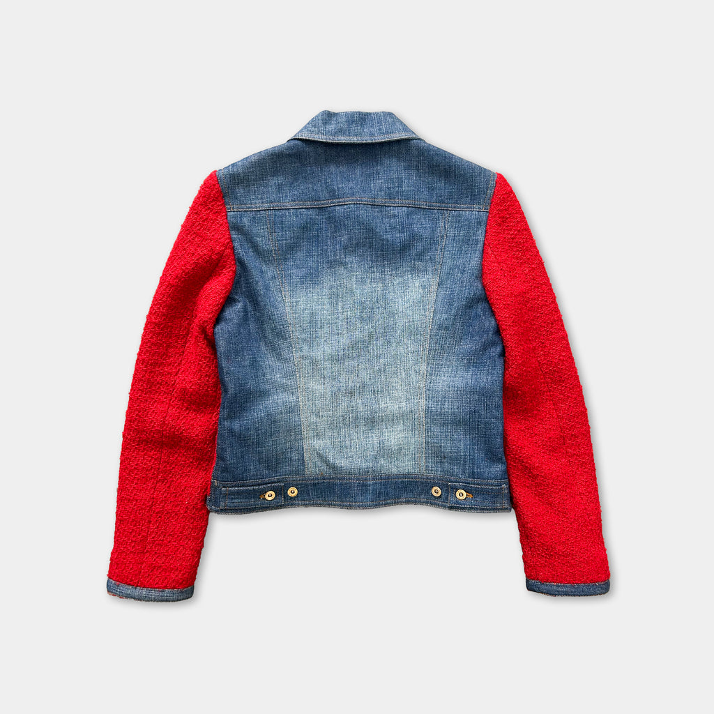 A denim jacket with red sleeves, featuring a denim jacket cut with a red-colored fabric on the sleeves.