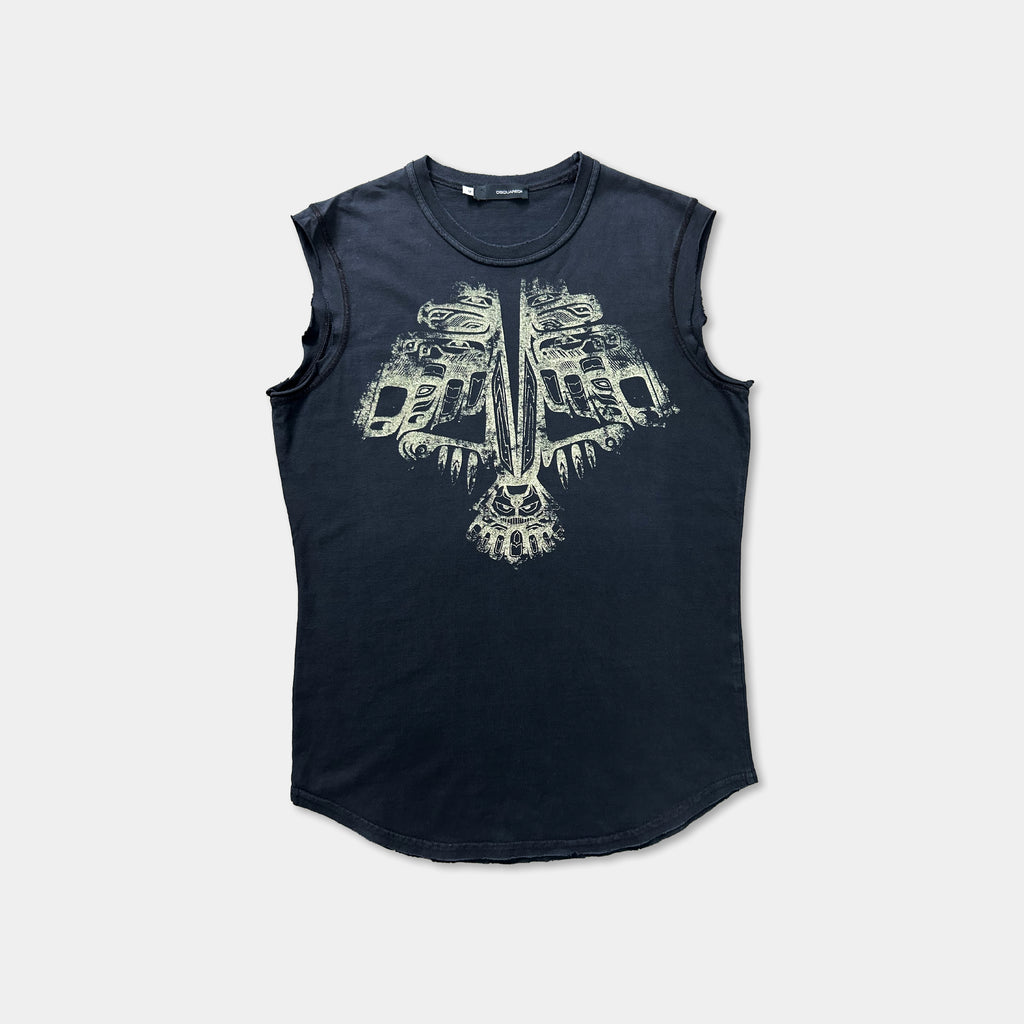 A sleeveless black t-shirt with a graphic design on the front.