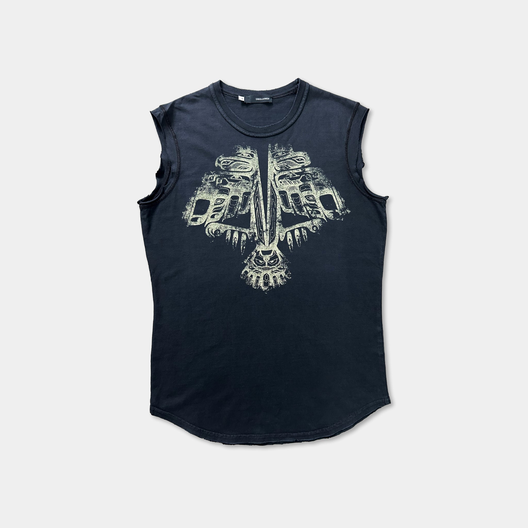 A sleeveless black t-shirt with a graphic design on the front.