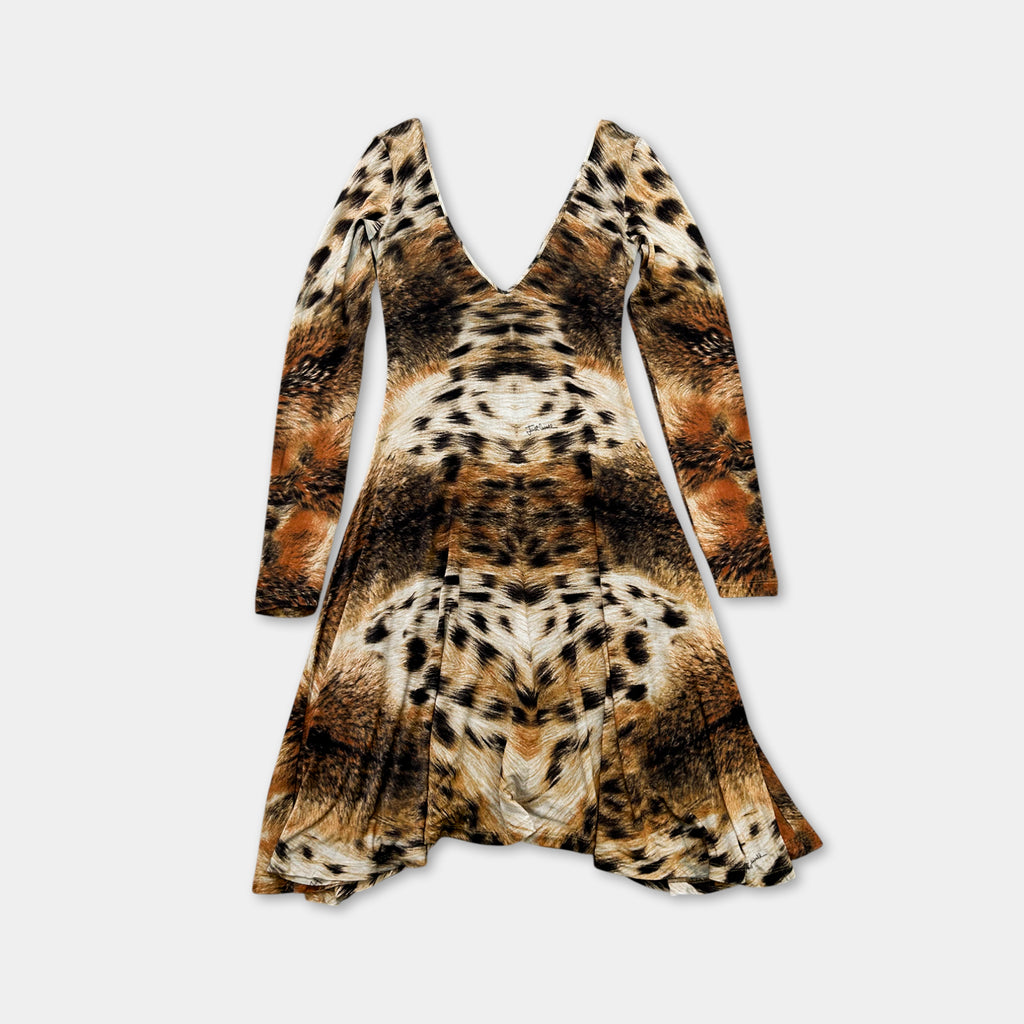 A long-sleeved dress with a leopard print pattern, featuring a deep V-neckline and long sleeves.