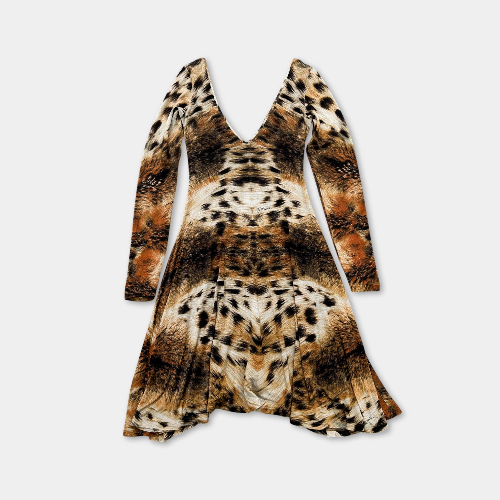 A long-sleeved dress with a leopard print pattern, featuring a deep V-neckline and long sleeves.
