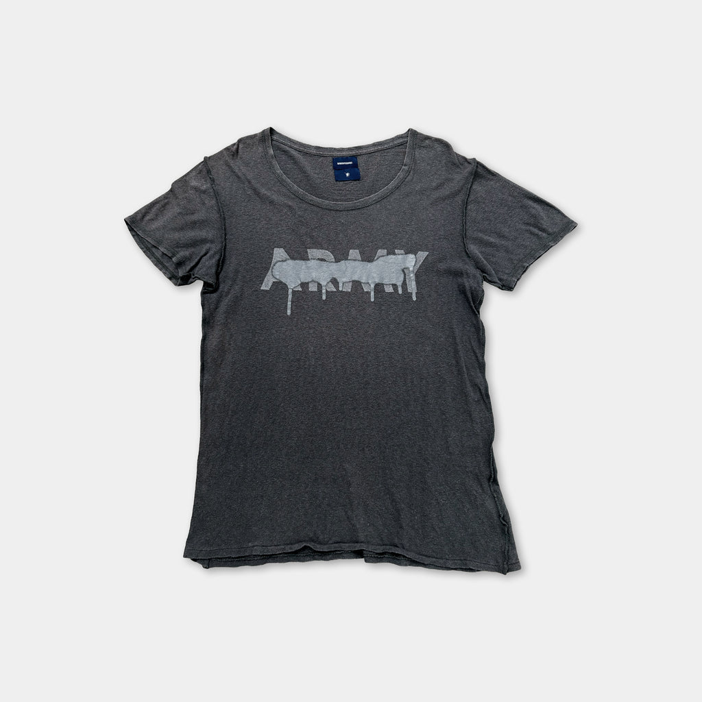 A gray t-shirt with the word "ARMY" printed on it in a stylized font.