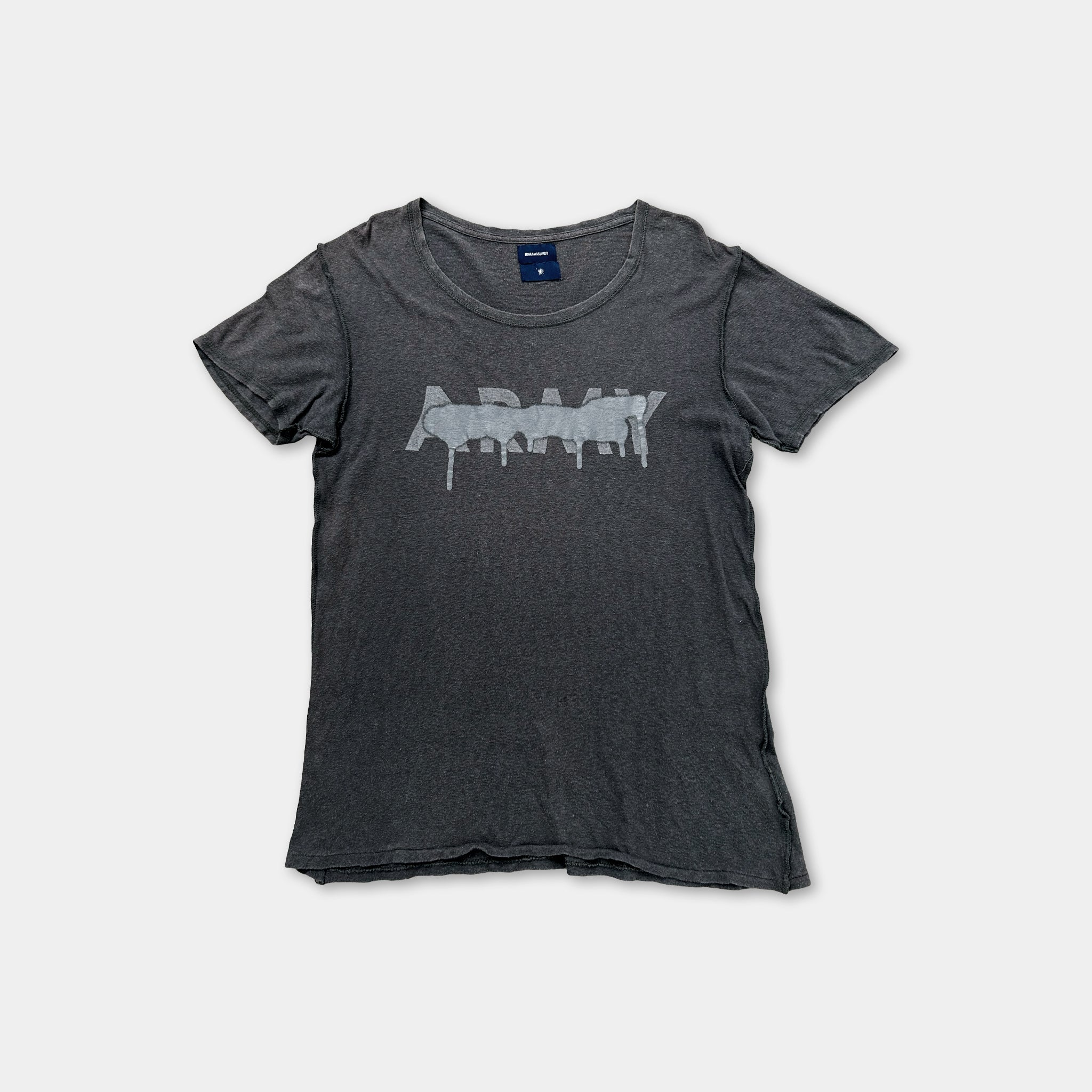 A gray t-shirt with the word "ARMY" printed on it in a stylized font.