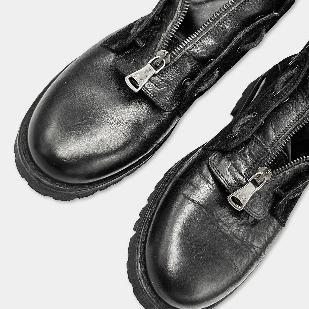 A pair of black leather boots with zippers on the sides.