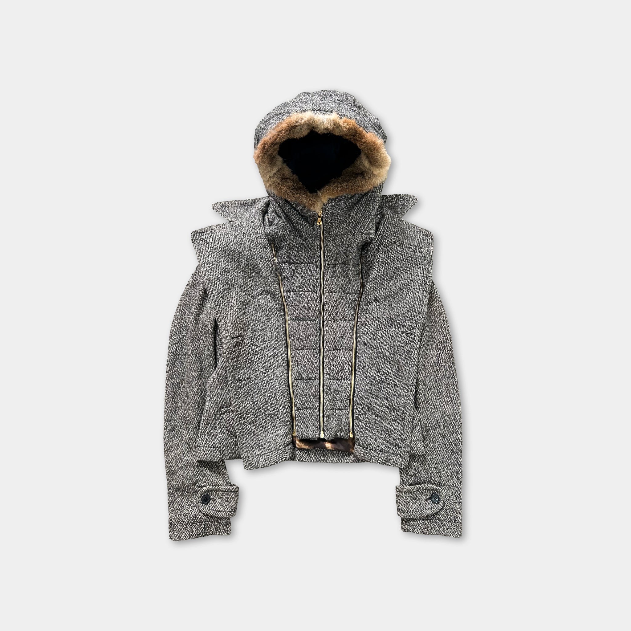 A gray hooded jacket with a fur lining and zipper.