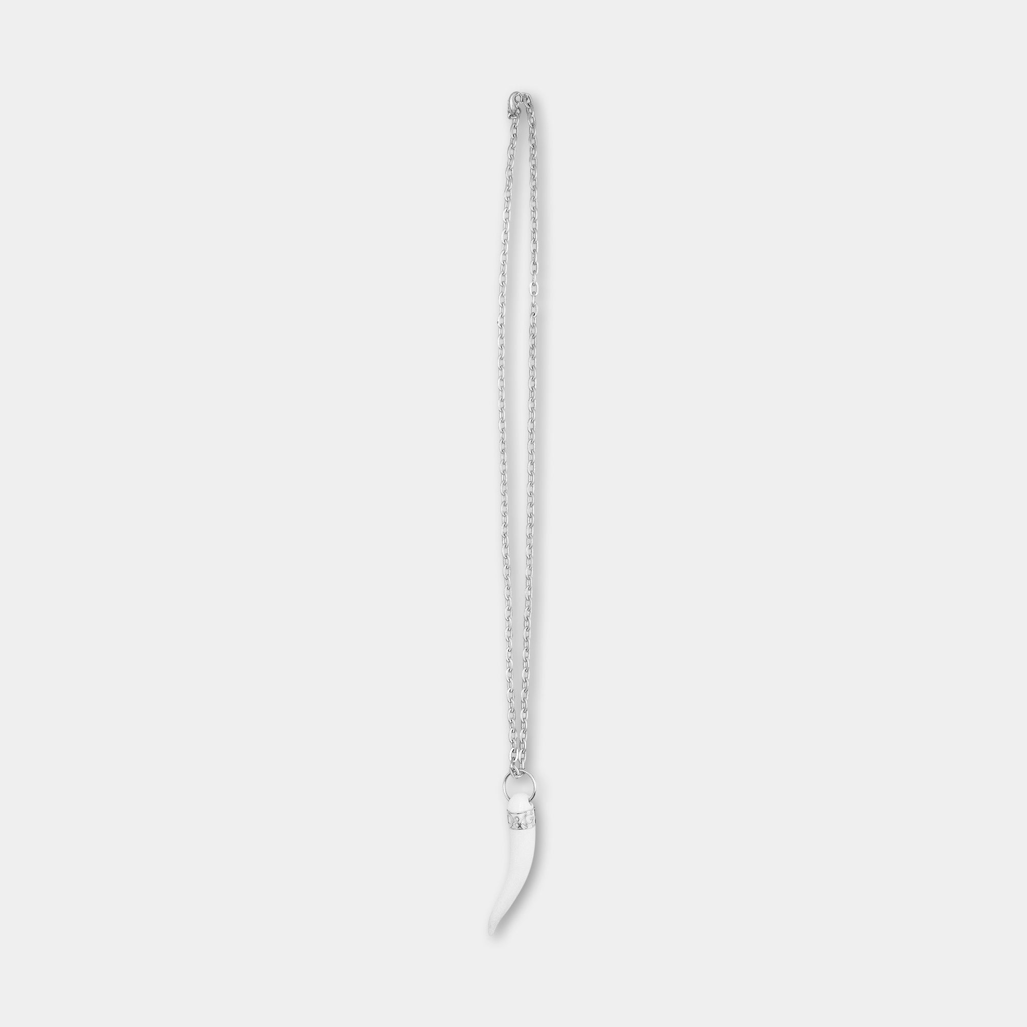 A silver necklace with a pendant hanging from a chain.
