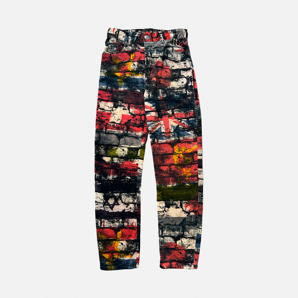 A pair of colorful, patterned pants with a bold, abstract design.
