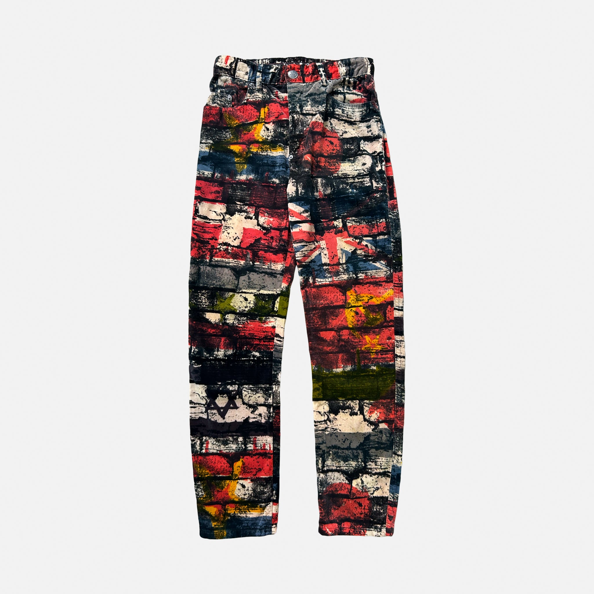 A pair of colorful, patterned pants with a bold, abstract design.