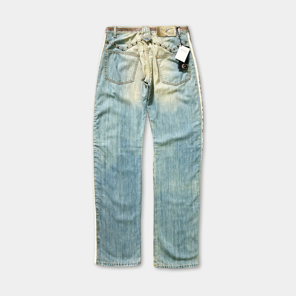 A pair of blue denim jeans with a white stripe down the side.
