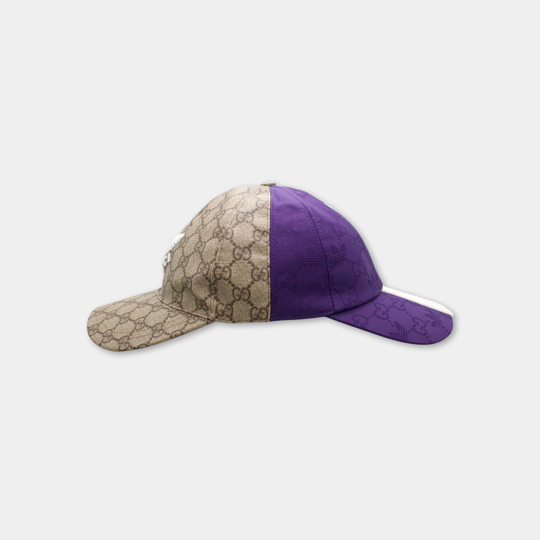 A brown and purple baseball cap with a distinctive pattern.