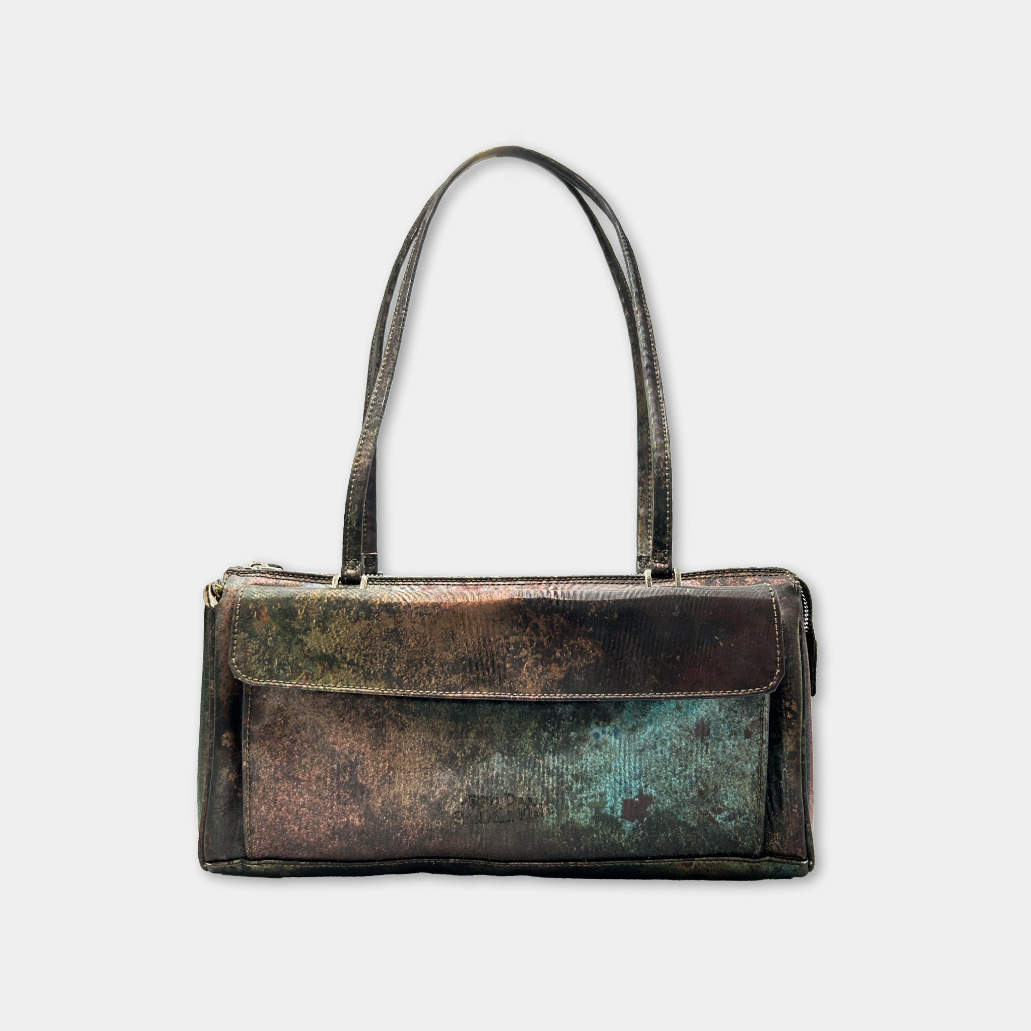 A black leather handbag with a textured pattern and two handles.