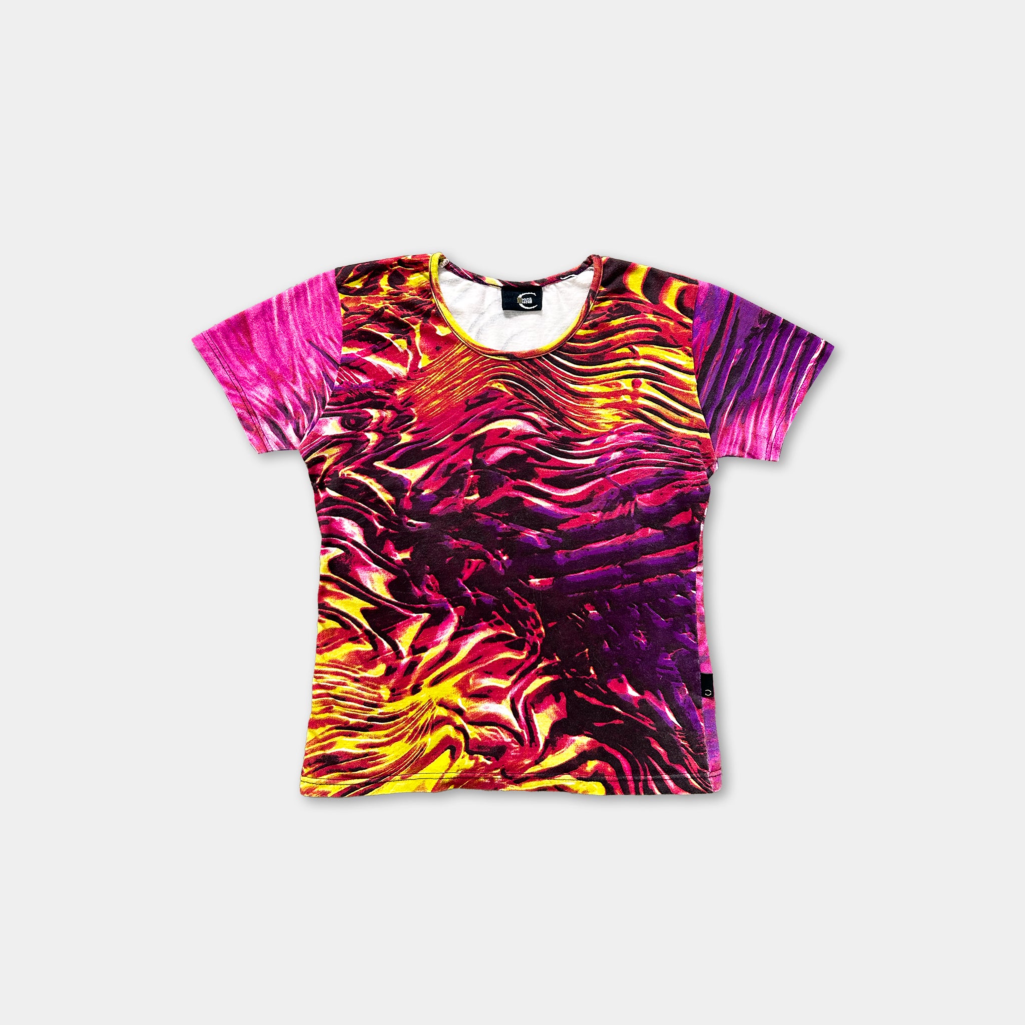 a colorful, abstract printed shirt with a vibrant pattern of swirls and stripes in shades of pink, yellow, and purple.
