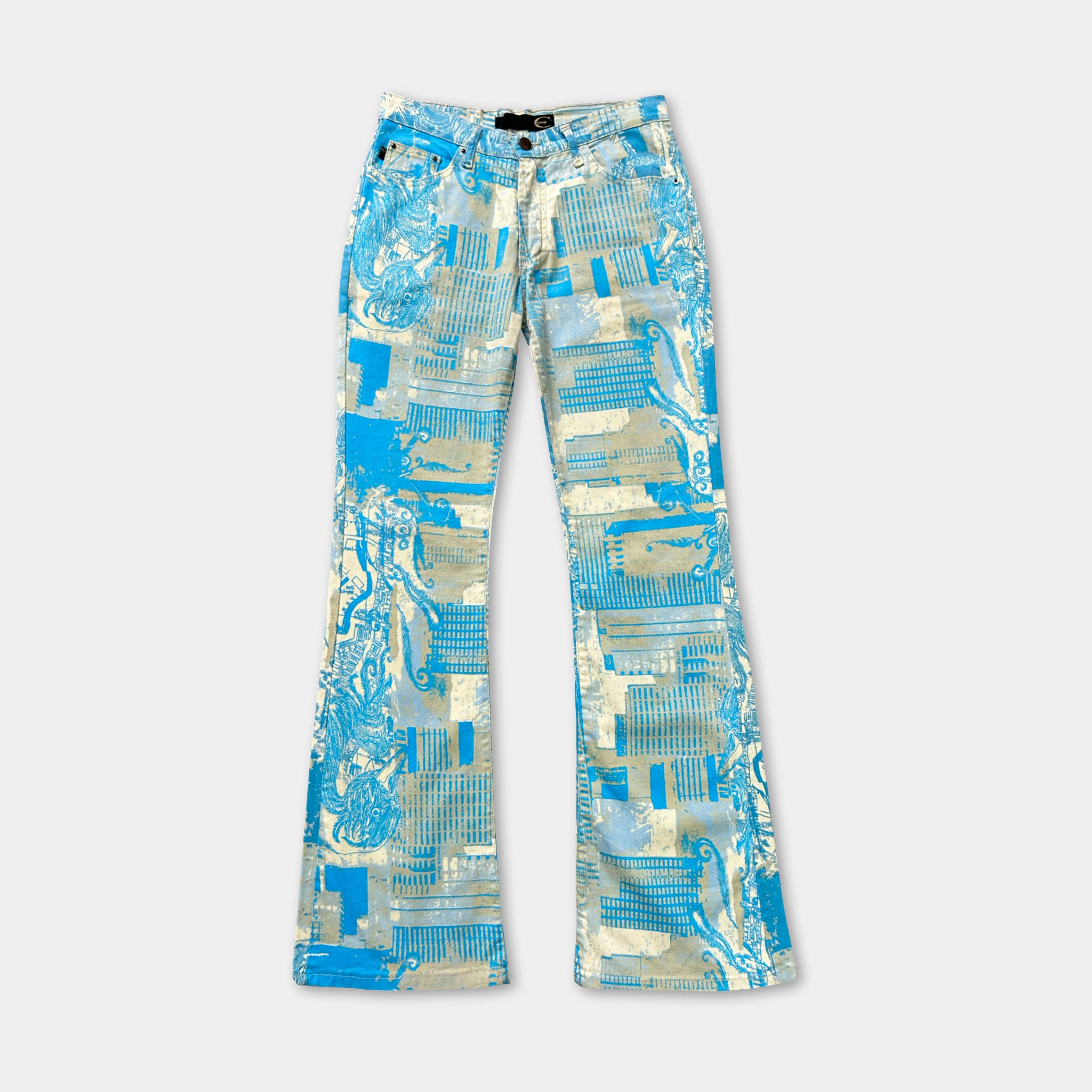 A pair of blue and white patterned jeans with a unique design.