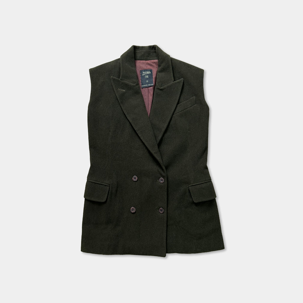 A dark green vest with a double-breasted design and two pockets.
